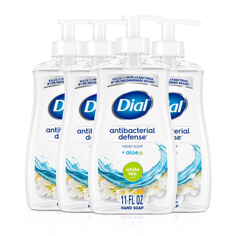 Dial Antibacterial Defense Liquid Hand Soap + Aloe, White Tea Scent, 11 Fl Oz (Pack of 4), Dermatologist-Tested Hand Wash, Gentle Formula - Image 1